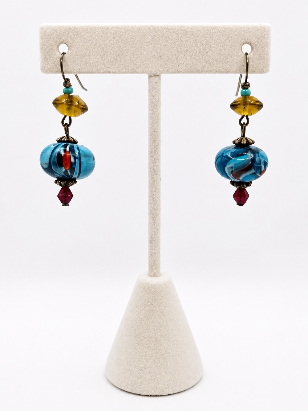 Handcrafted Blue Glass Bead Drop Earrings - Turquoise & Amber